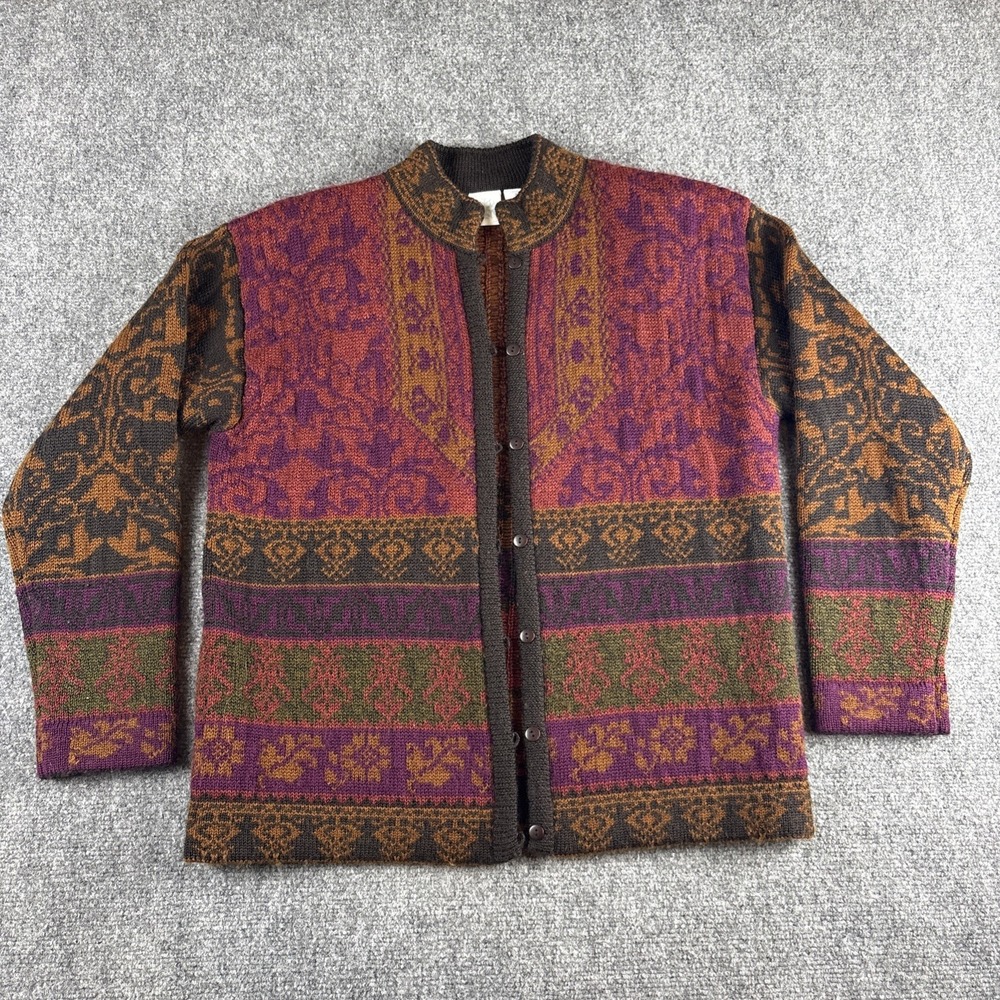 Vintage 80s Hong Kong 100% Wool Tapestry Cardigan Sweater Floral Geometric M
